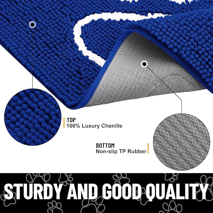 Smiry Dog Door Mat for Muddy Paws, Absorbent Dirt Trapper Non Slip Quick Dry Washable Chenille Mat for Mud Dogs, Entry Rug for Indoor and Outdoor (30x20 Inches, Royal Blue)