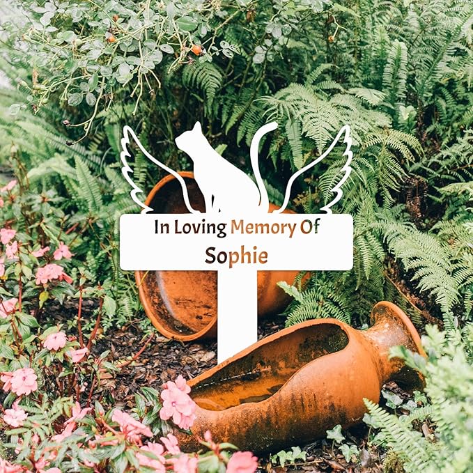 Custom Cat Memorial Stake Metal Grave Marker, Personalized Cat Memorial Grave Marker with Wings, Pet Cat Remembrance Stake Cat Memorial Plaque with Stake, Cat Loss Gift Sympathy Sign