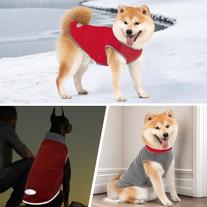cyeollo 2 Pack Dog Sweater Sweatshirt Stretchy Fleece Vest Pullover Dog Jacket with Reflective Stripe Lightweight Pet Coats Sweaters for Small Dogs Grey & Red