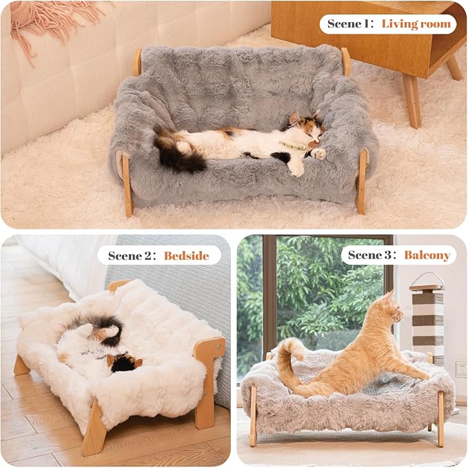 CHEERHOME PETS Elevated Cat Couch Bed for Indoor, Wooden Cats Sofa with Washable Fluffy Cover Raised Kitty Lounge Chair Suitable for Puppy(Cat Sofa,Dark Grey-Blue)