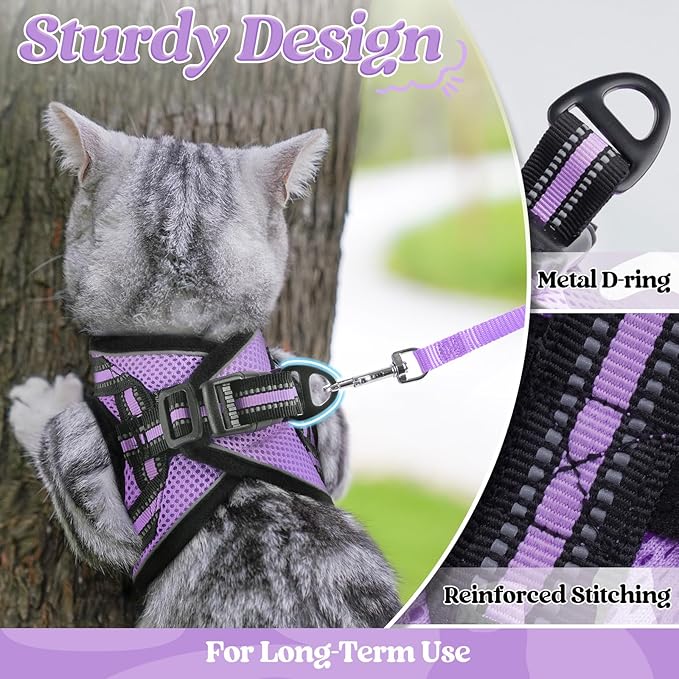 rabbitgoo Cat Harness and Leash Set for Walking Escape Proof, Adjustable Soft Kittens Vest with Reflective Strip for Cats, Comfortable Outdoor Vest, Light Purple, L
