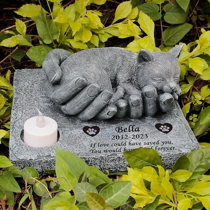 Personalized Cat Memorial Stones with Candle Holder, Cat Memorial Garden Stones with Sleeping Cat Statue in God's Hands Waterproof Cat Grave Markers Tombstones Headstone Sympathy Gifts, 8.5"x7.5"x4.7"