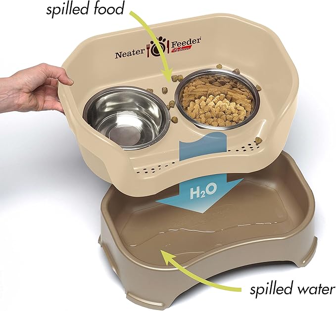 Neater Feeder Deluxe Mess Proof Cat Bowls Elevated for All Breeds – Made in USA – No Spill Raised Cat Bowls for Indoor Cats w/Leg Extensions – Stainless Steel Cat Food and Water Bowl Set - Beige