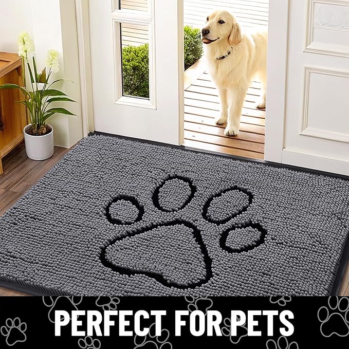 Smiry Dog Door Mat for Muddy Paws, Absorbent Dirt Trapper Non Slip Quick Dry Washable Chenille Mat for Mud Dogs, Entry Rug for Indoor and Outdoor (40x32 Inches, Dark Grey and Black)
