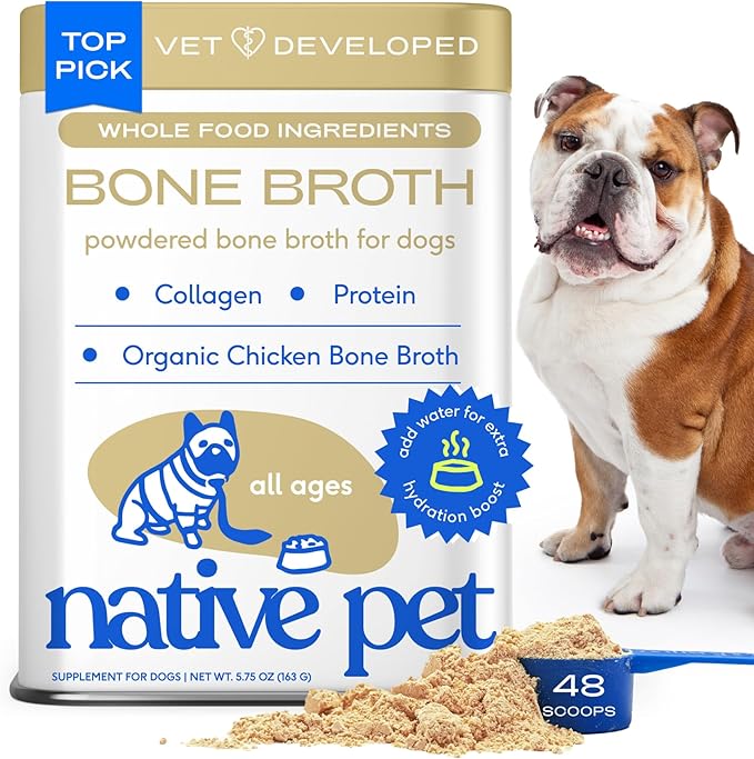 Native Pet Bone Broth for Dogs and Cats - Chicken Bone Broth Powder Dog Food Toppers for Picky Eaters - Provides Extra Nutrition for Joint Strength, Immune Support & Heart Health - 48 Scoops