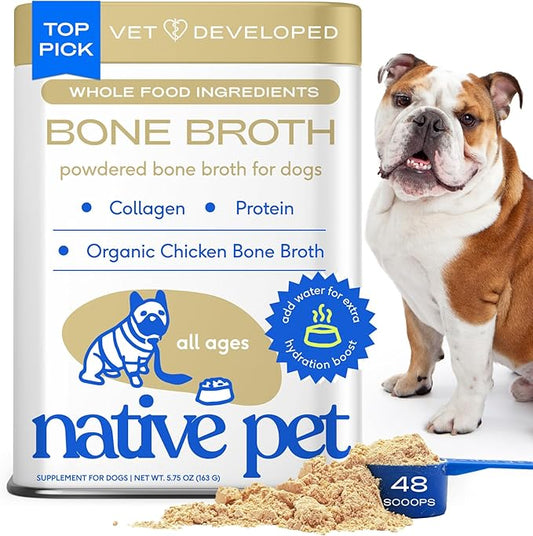 Native Pet Bone Broth for Dogs and Cats - Chicken Bone Broth Powder Dog Food Toppers for Picky Eaters - Provides Extra Nutrition for Joint Strength, Immune Support & Heart Health - 48 Scoops