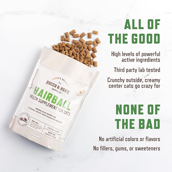 Rocco & Roxie Hairball Treatment for Cats, Cat Hairball Remedy, Crunchy Treats for Cats with a Creamy Center, Furball Control, Chicken Flavored Hair Ball Relief for Cat, Made in USA, Over 300 Chews