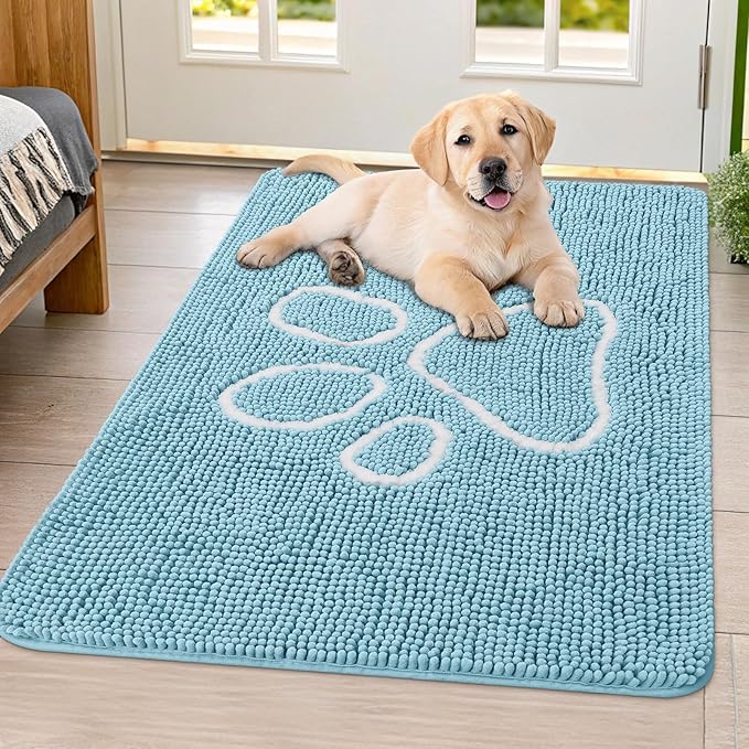 Smiry Dog Door Mat for Muddy Paws, Absorbent Dirt Trapper Non Slip Quick Dry Washable Chenille Mat for Mud Dogs, Entry Rug for Indoor and Outdoor (40x32 Inches, Sky Blue)