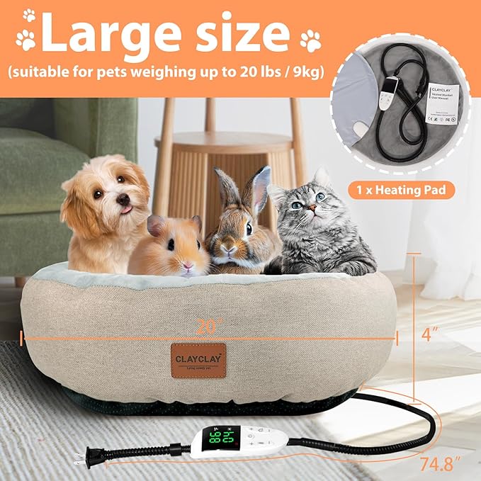 CLAYCLAY Heated Cat Bed for Indoor Cats - 20" Cozy Washable With Timer & Temperature Adjustable, Non-Slip Bottom, Removable, Pet Heating Pad With Waterproof