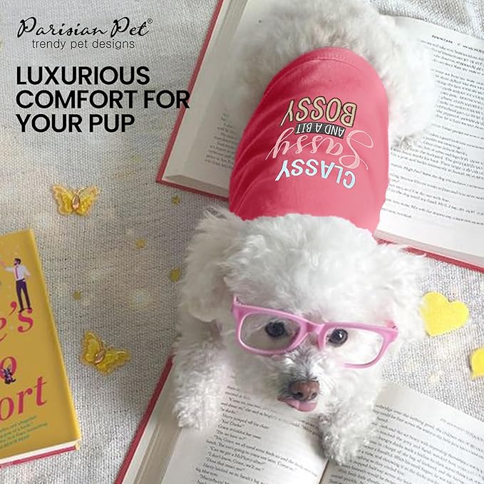 Parisian Pet 'Classy, Sassy & Bit Bossy' Cotton Dog T-Shirt - Pink, Machine Washable, Large Dog Shirt