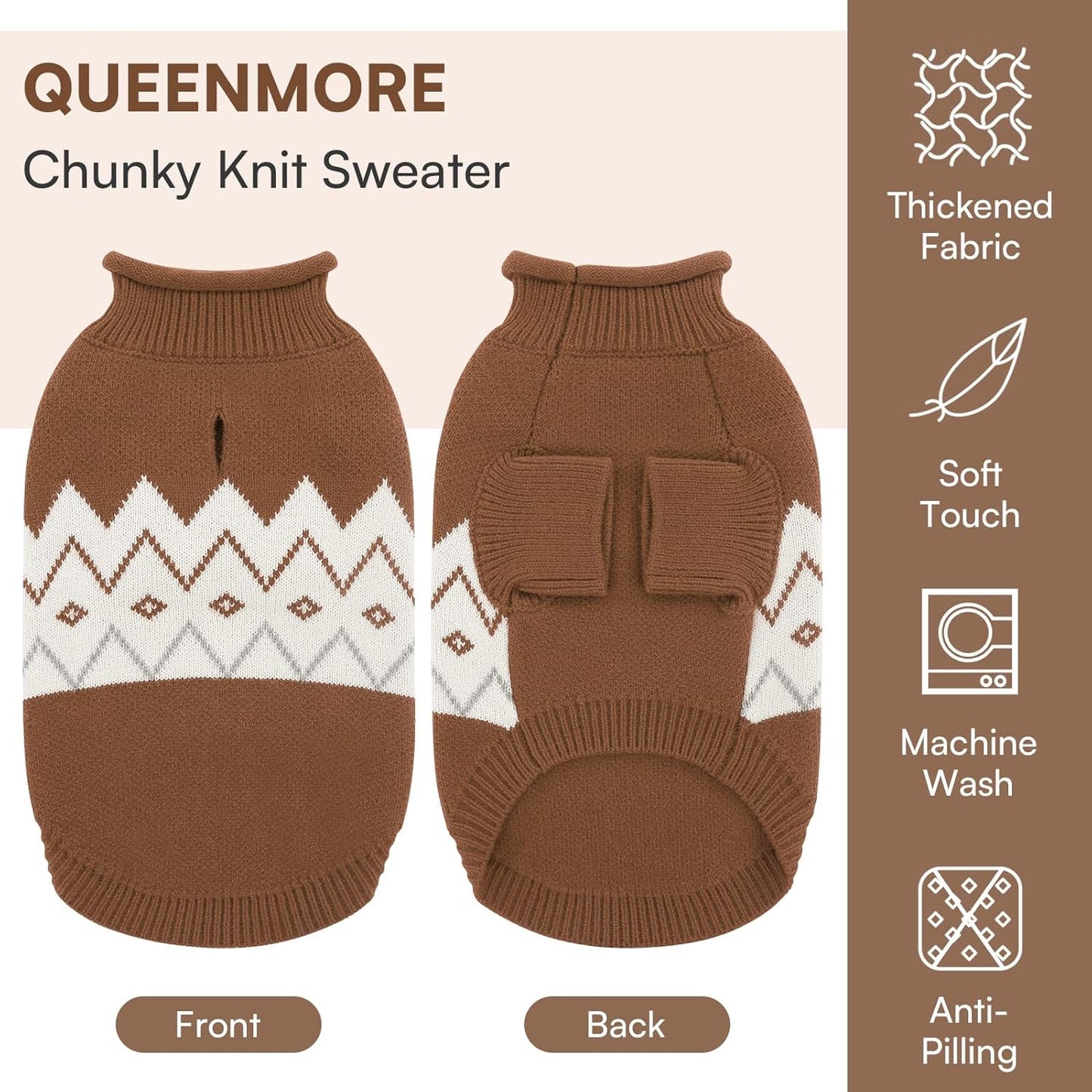 Queenmore Warm Dog Sweater, Soft Pet Knitwear, Knitted Pullover, Winter Pet Clothes for Small Medium Dogs Cats