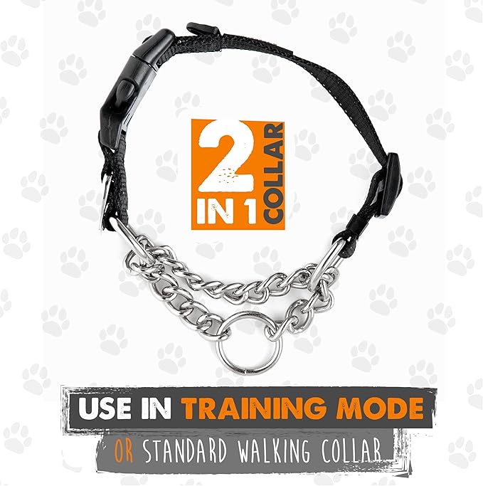 Mighty Paw Martingale Dog Collar 2.0 | Trainer Approved Limited Slip Collar with Stainless Steel Chain & Heavy Duty Buckle - Modified Cinch Collar for Gentle & Effective Pet Training - Small, Black