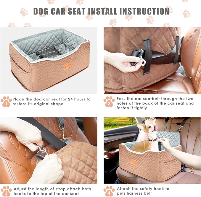 Memory Foam Booster Dog Car Seat Medium Dogs, Elevated Pet Car Seat Under 45 LBS, Detachable Washable, Anti-Slip Dog Booster Seat for Car Back Seat Only, Travel Dog Car Bed, Dog Seat Belt