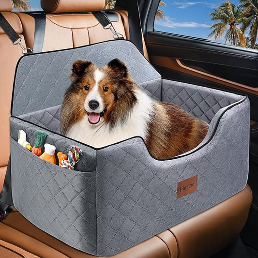 Dog Car Seat for Large-Medium Dogs: Pet Car Seat, Detachable Washable Dog Booster Seat, Pet Travel Bed with Storage Pockets and Dogs Safety Belt (Grey, Large)