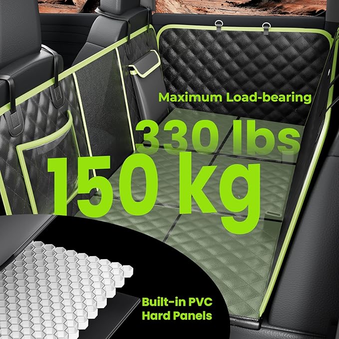 Back Seat Extender for Dogs 57 * 28.7 in, Waterproof Leather Fabric Dog Car Seat Cover for Back Seat, Foldable in The Car, Hard PVC Panels Bottom Support to 330 lbs, Full Coverage for Full Size Truck