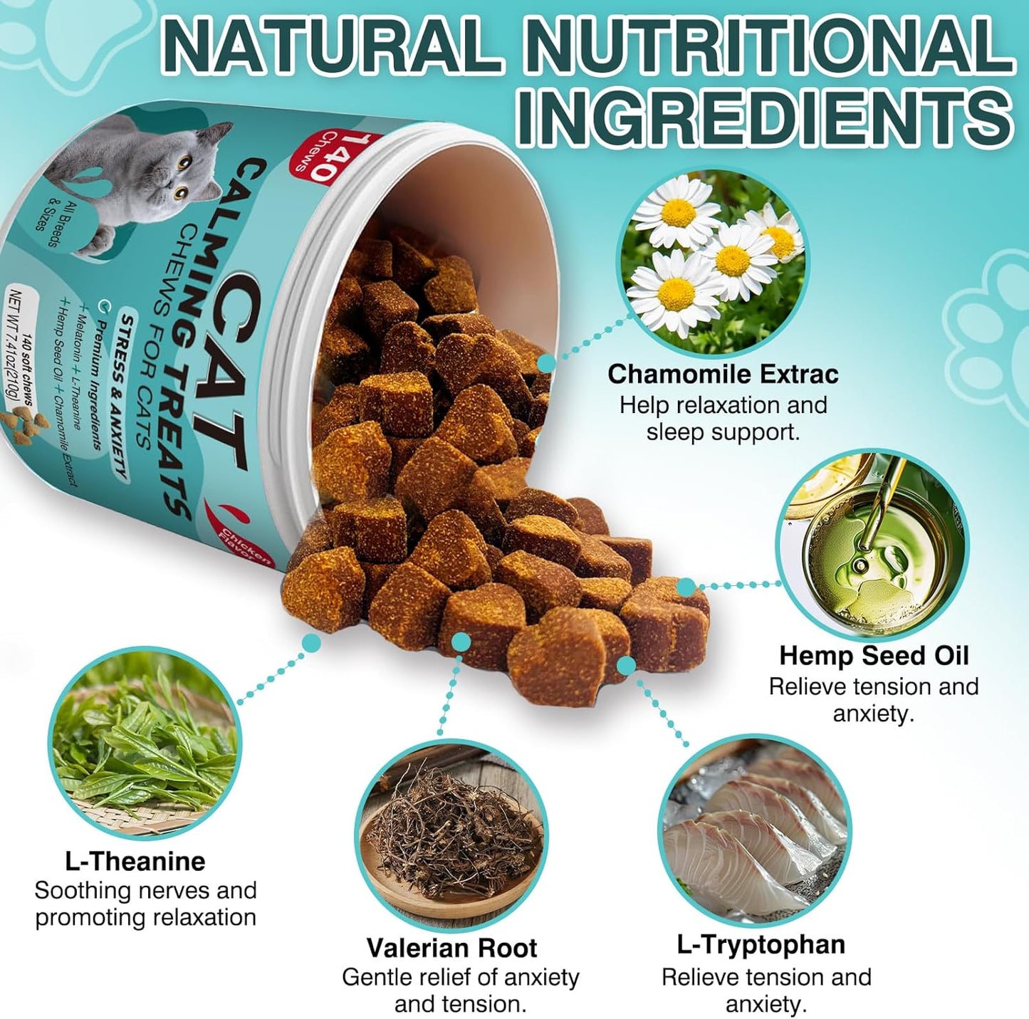 Cat Calming Treats, 140 Soft Chews to Relieve Anxiety, Stress & Prevent Bites, Perfect for Travel & Veterinary Visits, Soothing Calming Care for Indoor Cats Chicken Flavor 7.41 OZ