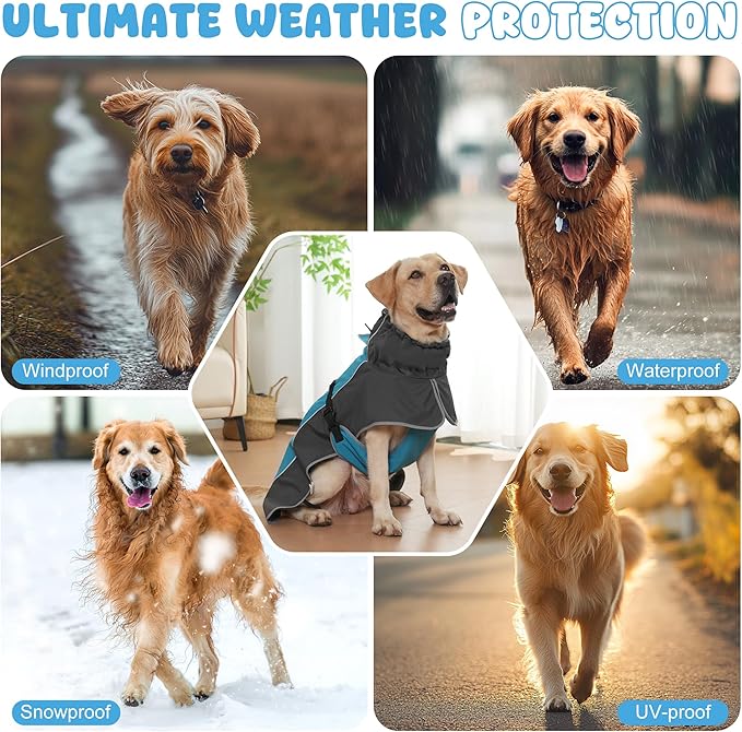 Dog Raincoat, Waterproof Dog Coat with Reflective Straps, Leash Hole & Polar Fleece Lining, Winter Dog Rain Coat for Small, Medium & Large Dogs, Warm, Windproof Dog Vest Jackets