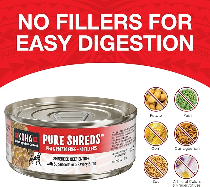 KOHA Pure Shreds Beef Entrée for Cats, Single Meat Wet Cat Food, 2.8oz Cans (Pack of 24)