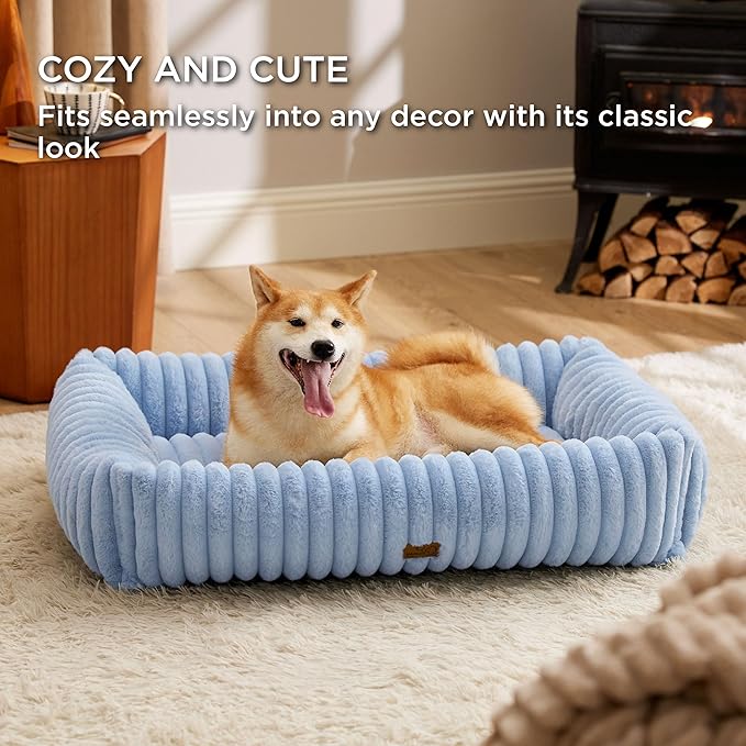 Bedsure Washable Dog Bed for Large Dogs - Cute Furry Puppy Beds, Rectangle Orthopedic Corduroy Fleece Pet Beds with Removable Zipper Cover, 36x27x8inches, Blue
