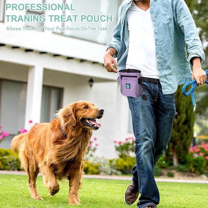 Dog Treat Pouch Magnetic Closure with Training Clicker，Hands-Free Design to Prevent Spills，Built in Poop Bag Dispenser，3 Ways To Wear，Metal Clip Waist Belt and Fanny Pack for Pet Walking（Purple）