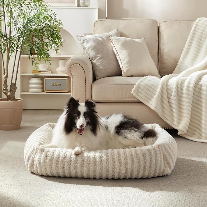 MIXJOY Dog Bed for Medium Sized Dogs, Washable Medium Dog Beds with Removable Cover, Rectangle Pet Beds with Non-Slip Bottom, Warming Calming Dogs Cuddler, 25"x21"x7", White