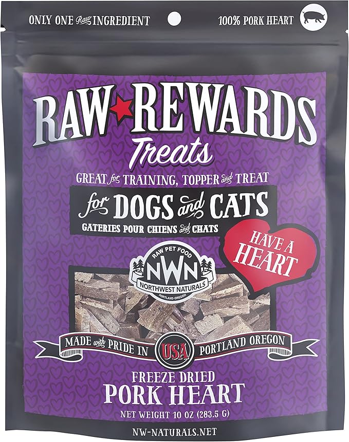 Northwest Naturals Raw Rewards Freeze-Dried Pork Heart Treats for Dogs and Cats - Bite-Sized Pieces - Healthy, 1 Ingredient, Human Grade Pet Food, All Natural, Proudly Made in USA, 10 Oz