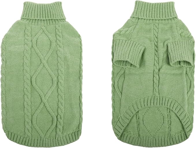 Queenmore Small Dog Pullover Sweater, Cold Weather Cable Knitwear, Classic Turtleneck Thick Warm Clothes for Chihuahua, Bulldog, Dachshund, Pug, Yorkie (Green, X-Small)