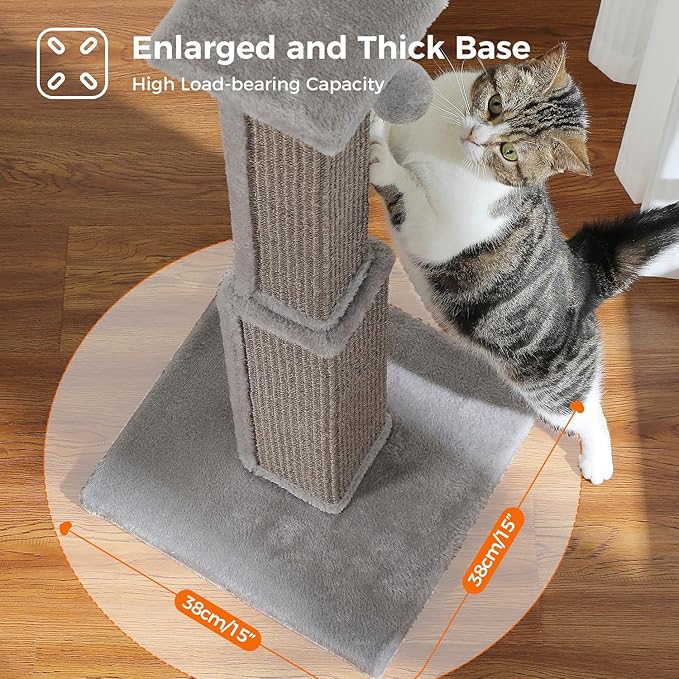 PAWZ Road Large Cat Scratching Post 32” Tall Scratching Post for Indoor Cats Adults Ultimate Scratch Post with Woven Sisal, Large Base and Removable Dangling Ball- Grey