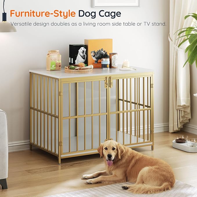 HOOBRO 38.6" Dog Crate Furniture, Wooden Dog Kennel Indoor, Heavy Duty Dog Cage for Small/Medium Dog, Decorative Side End Table, White and Gold DW100GW03