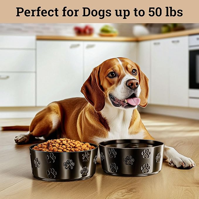 Ceramic Dog Bowl Set of 2 with Anti-Skid Base - 6.5" Wide x 2.5" Tall Ceramic Dog Bowls Medium Sized Dogs - 3.8 Cup Capacity Food and Water Bowls for Dogs - Rubber Bottom Pet Bowl Set of 2 Medium Size