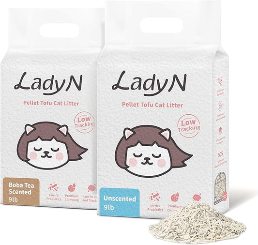 Lady N Tofu Cat Litter, Strong Clumping Ultra Absorbent Natural Litter, Dust-Free Low Tracking Cat Litter Pellets, Enviro-probiotic and Activated Carbon for Odor Control 18lb (Boba Tea+ Unscent)