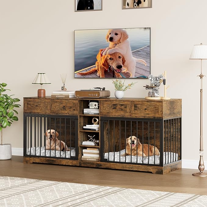 GarveeHome 82” Double Dog Crate Furniture, Large Dog Kennel Indoor for 2 Dogs, Heavy Duty Wooden Dog Crate TV Stand with 4 Drawers and Shelves, Brown