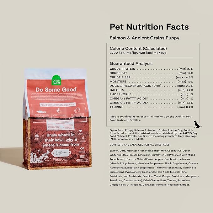 Open Farm, Ancient Grains Dry Dog Food for Puppies, Protein-Rich & Nutrient Dense, 90% Animal Protein Mixed with Non-GMO Fruits, Veggies and Superfoods, Salmon Recipe for Puppy, 22lb Bag