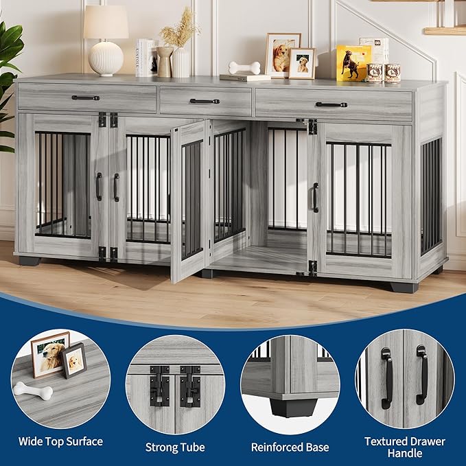 GarveeLife 71 in Dog Crate Furniture for 2 Rooms, Wooden Double Crate Large Breed with Door, Dog Kennel Indoor, TV Stand End Table with Divider for Large Medium Dogs,Grey