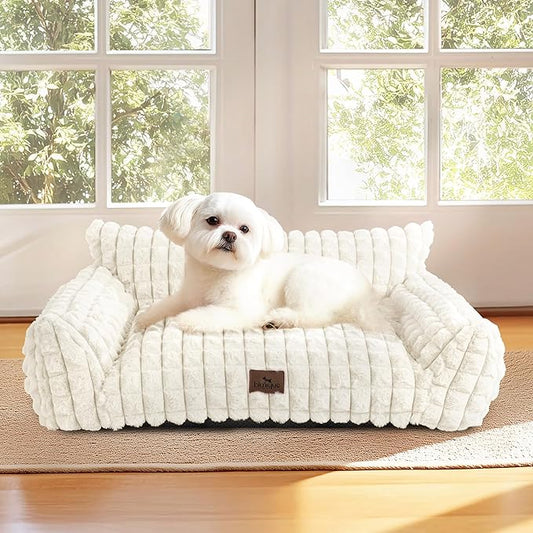 Cute Small Dog Couch Bed – Supportive & Fluffy Pet Sofa with Faux Rabbit Fur Washable Cover in 3D Diamond Pattern, 30" Off White