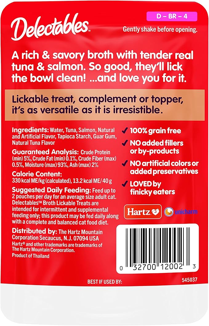 Hartz Delectables Savory Broths Tuna & Salmon Lickable Wet Cat Treats, 12 Count