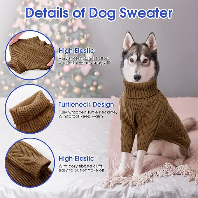 ASENKU Extra-Large Dog Sweater, Dog Sweaters for Extra Large Dogs, Pet Sweatshirt Apparel Turtleneck Pullover Winter for Doberman, Great Dane (Coffee, 3XL)
