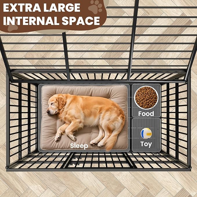 LEVELEVE 48 Inch Heavy Duty Indestructible Dog Crates for Large Dogs，Escape Proof Dog Cage Large Dogs with Lockable Wheels，Dog Kennel Furniture Indoor&Outside