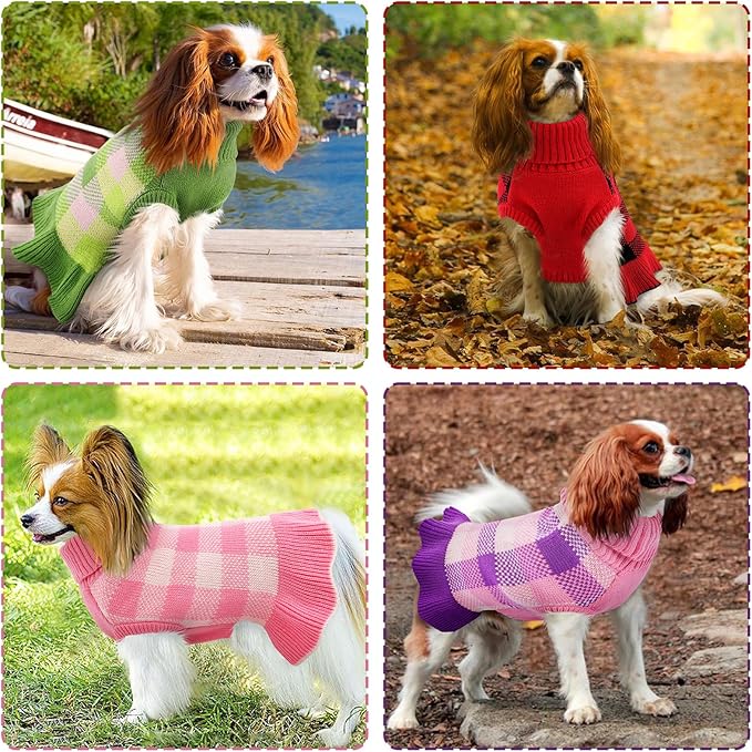Dog Sweater Dress Plaid Knitwear for Small Medium Dogs Warm Puppy Pet Turtleneck Stretch Pullover Cute Fall Winter Vest Clothes with Leash Hole for Christmas (Purple, 2XL)
