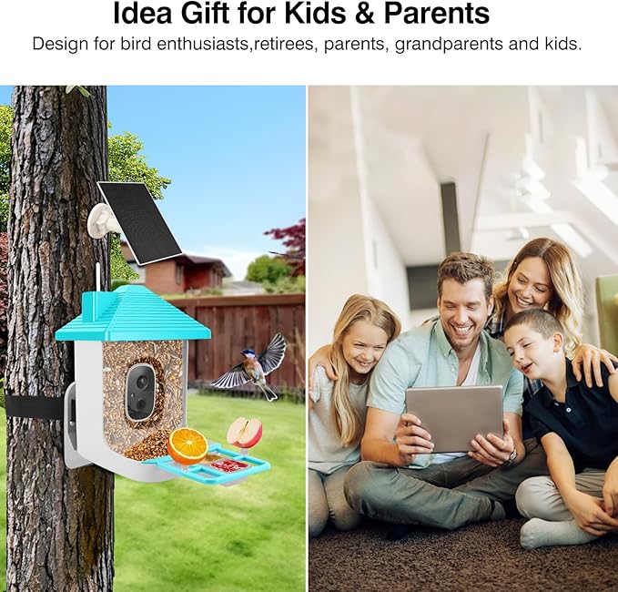 Smart Bird Feeder with Camera,AI Identify Species,Bird House with Solar Powered,Instant Arrival Alerts,2K Capture Video,Live View for Lover (Blue)