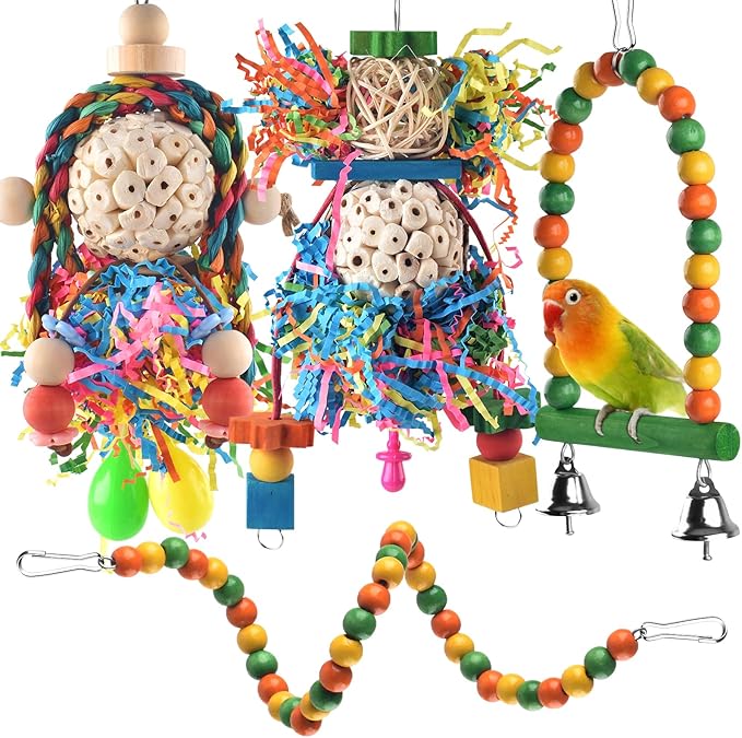 Bissap Conure Toys, 4 PCS Parrot Foraging Shredder Hanging Toys Sola Balls with Sand Hammer Perch Swing Climbing for Small Parrots Parakeets Conures Cockatiels Love Birds Cage Toy