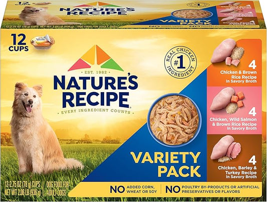 Nature’s Recipe Chicken, Salmon and Turkey Recipes Variety Pack Wet Dog Food, 12-2.75 oz. Cups, 2 Count