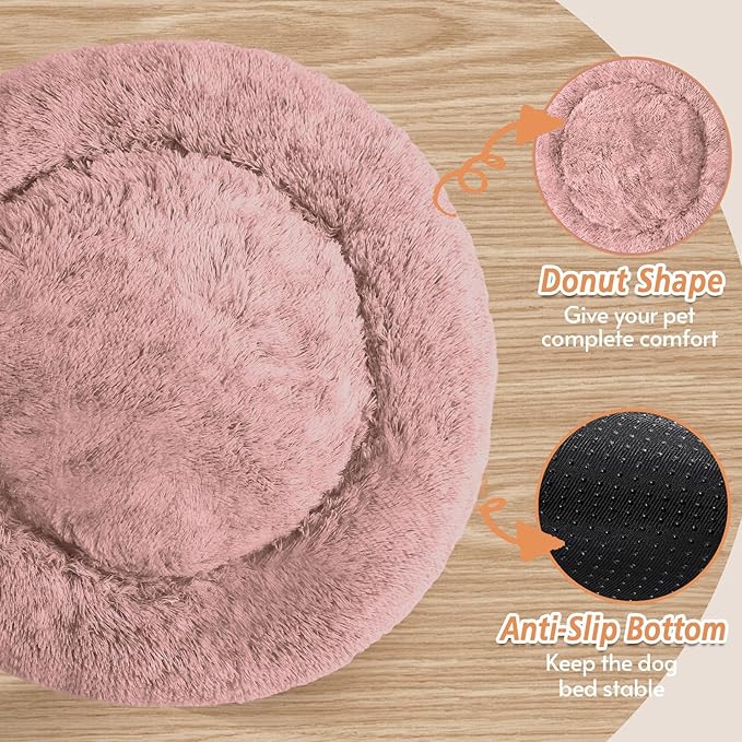 JOLLYVOGUE Calming Dog & Cat Bed for Small Dogs, Anti-Anxiety Donut Cuddler Cozy Soft Round Bed with Anti-Slip Bottom, Fluffy Faux Fur Plush Cushion Beds for Small Medium Pets (20")