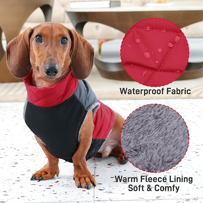 Warm Fleece Dog Coats for Medium Dogs,D-Rings Waterproof Puppy Jacket for Cold Winter,Red L