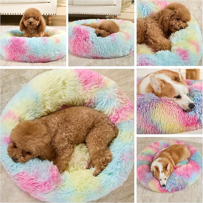 Dog Calming Beds for Small Medium Large Dogs - Round Donut Washable Puppy Dog Bed, Anti-Slip Faux Fur Fluffy Donut Cuddle Anxiety Cat Pet Bed(28'' Color)