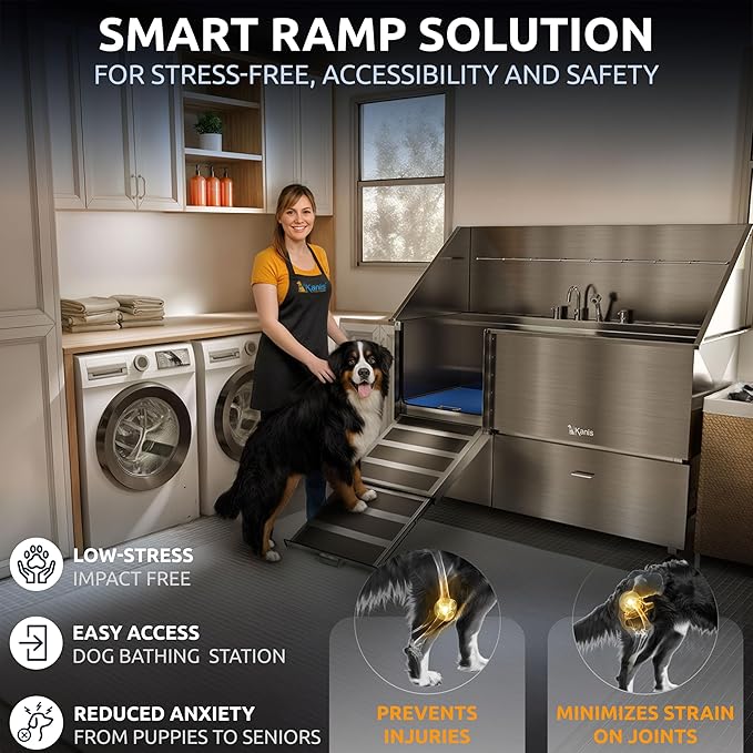 KANIS Professional Dog Washing Station - 304 Stainless Steel Pet Wash Sink & Grooming Bath Tub for Home with Ramp, Shower, Floor Grate, Storage Drawers, and Faucet for Large, Medium & Small Pets