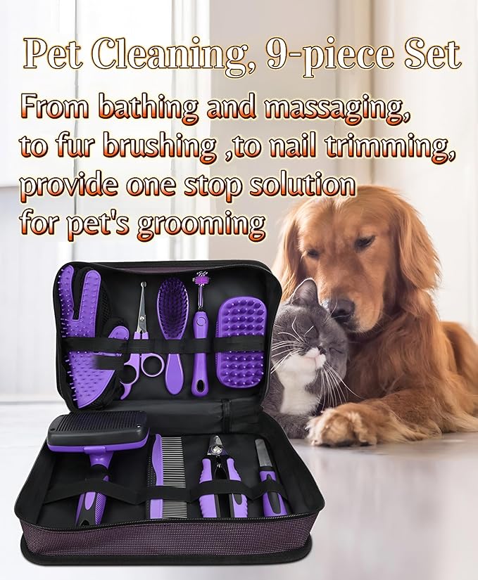 Pet Hair Grooming Tool Kit-9 Packs,Dog Cat Grooming Kit,Washing Gloves,Slicker Brush,Nail Trimming Tools,Dog Toothbrush,Comb and Grooming Scissors Set