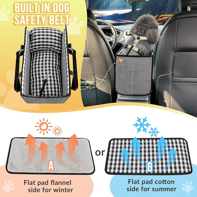SlowTon Console Dog Car Seat - Portable Dogs Armrest Booster Seat for Small Dog, Anti-Collapse Pet Car Seat with Soft Cushion Safety Belt, Support Pet Up to 11lbs (Grey)