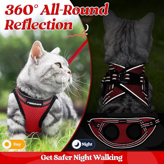 rabbitgoo Cat Harness and Leash Set for Walking Escape Proof, Adjustable Soft Kittens Vest with Reflective Strip for Cats, Comfortable Outdoor Vest, Red, M