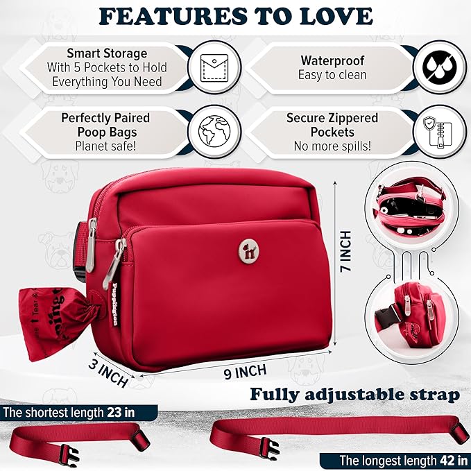 Puppington 3-in-1 Crossbody Dog Walking Bag & Treat Pouch with Matching Planet Safe Poop Bags & Built-In Dispenser - Dog Mom Gift for Puppy Training with Zippered Pockets (Ruby Red)